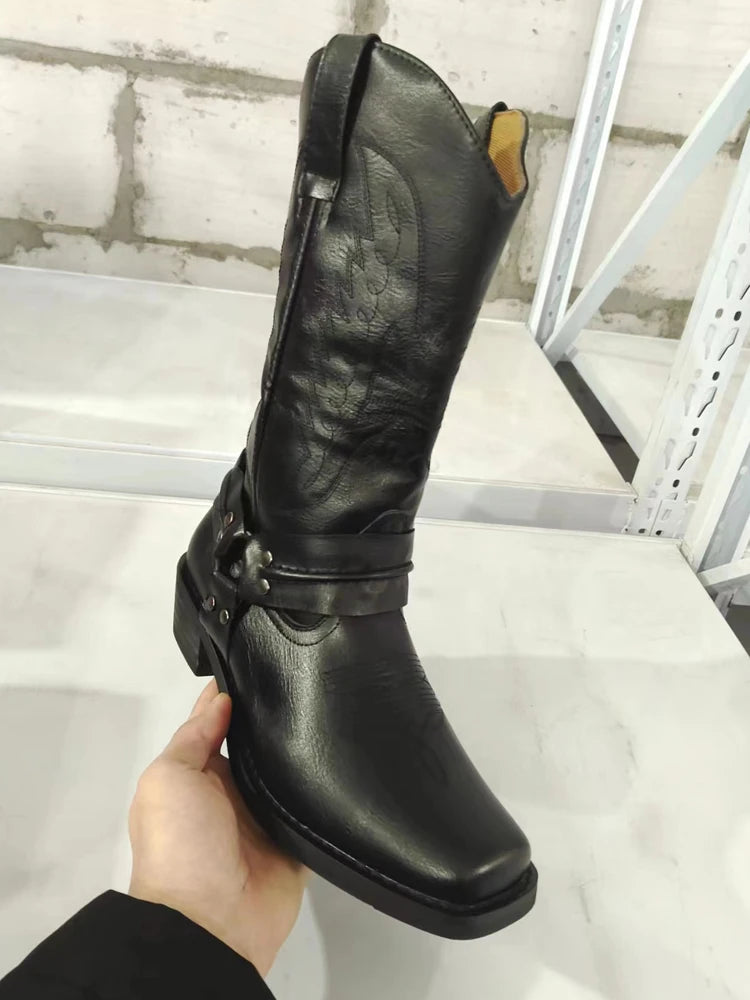 2023 New Western Cowboy Boots Black Brown Faux Leather Winter Shoes Retro Men Boots Embroidered Men Mid-calf Boots Size 48 Botas