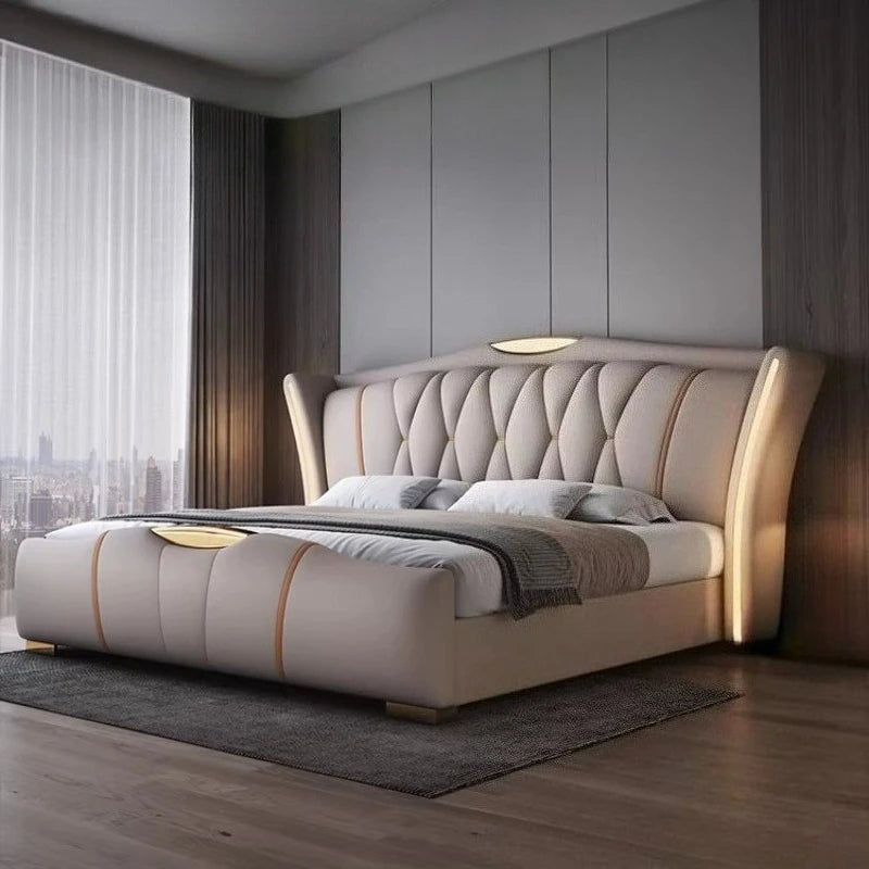 Leather Bed Frame With Lit Headboard — Ivory-Beige | KIMLUD