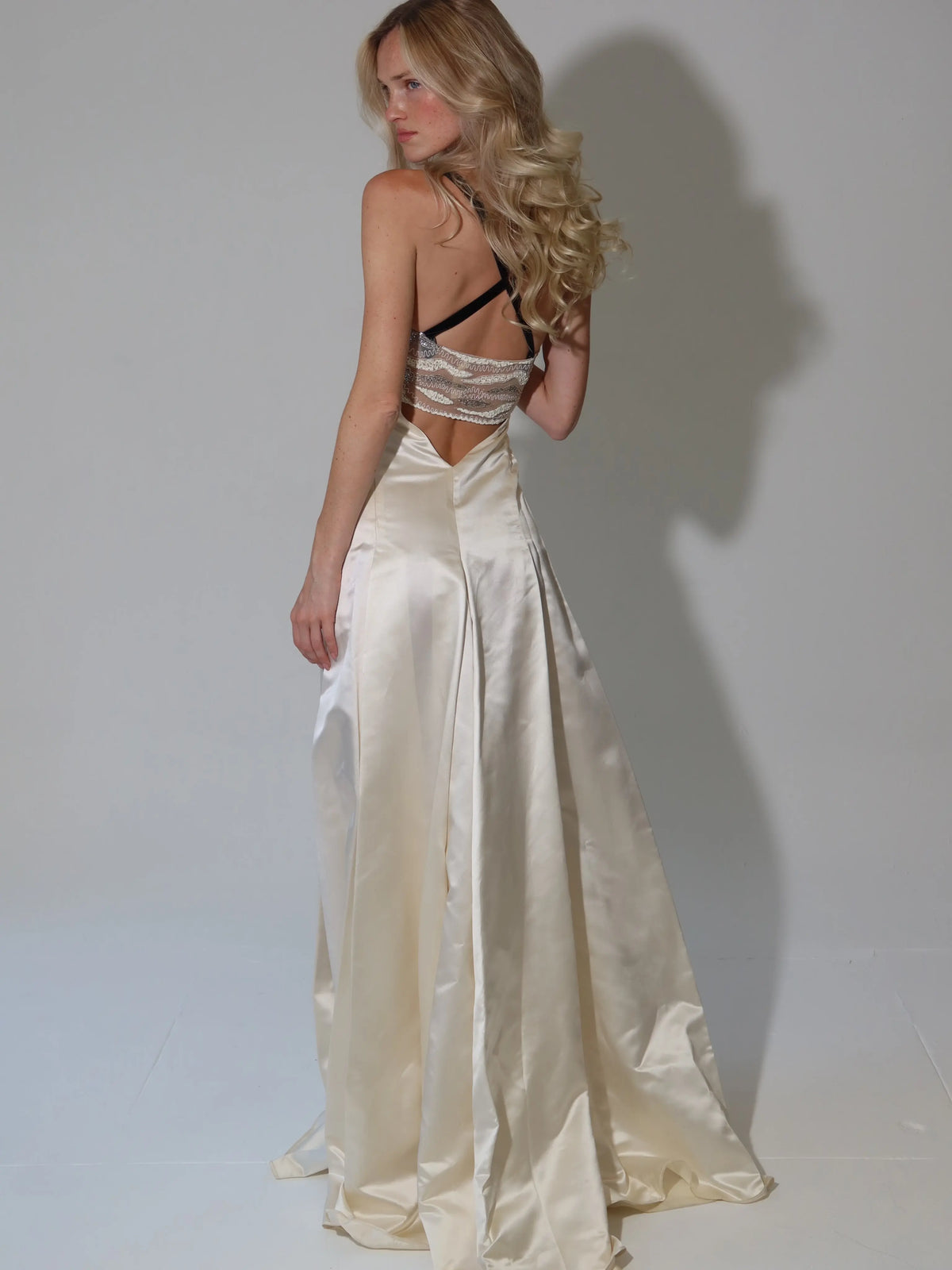 Evening Gown – Crystal Beaded Corset Bow – A-Line Silhouette – Ivory | KIMLUD