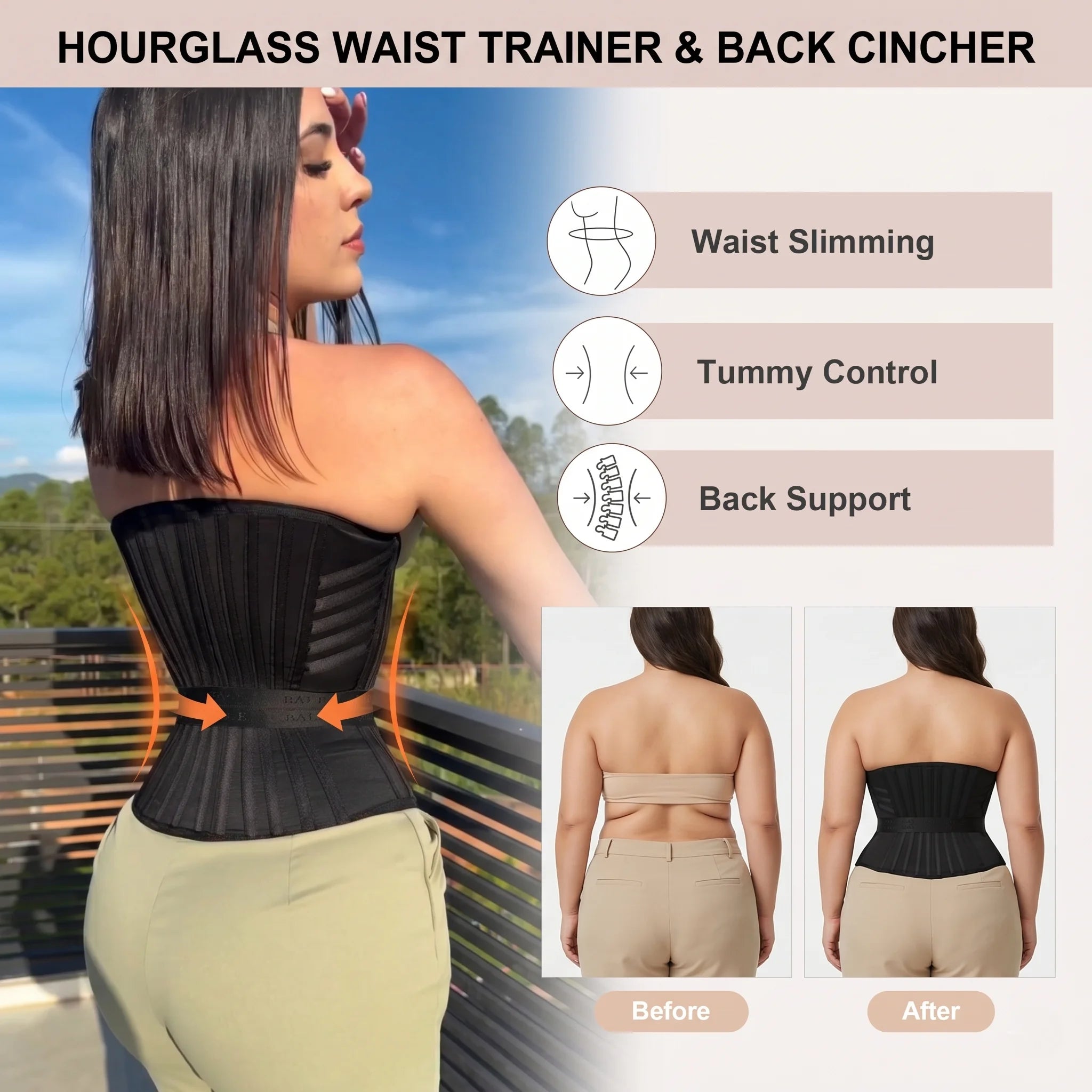 Women's Waist Trainer Corset With Belt - Zipper Closure & Hookeye Buckle Design, Posture & Tummy Control Slimming Belt 18 Steel Bones, High Compression Shaper Tops For Workout & Daily Wear, Black, 2026 New Version