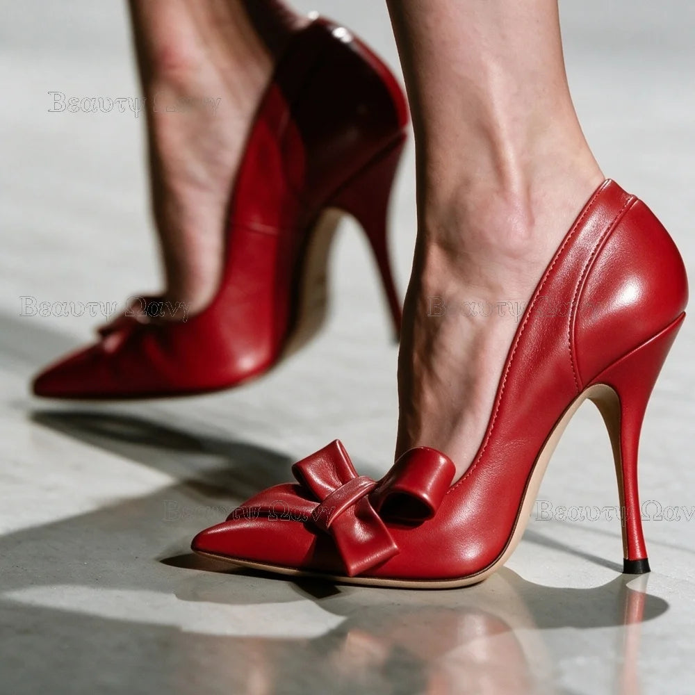 Pointed Toe Pumps – Red Bow Knot – Pointed Toe Silhouette – Red | KIMLUD