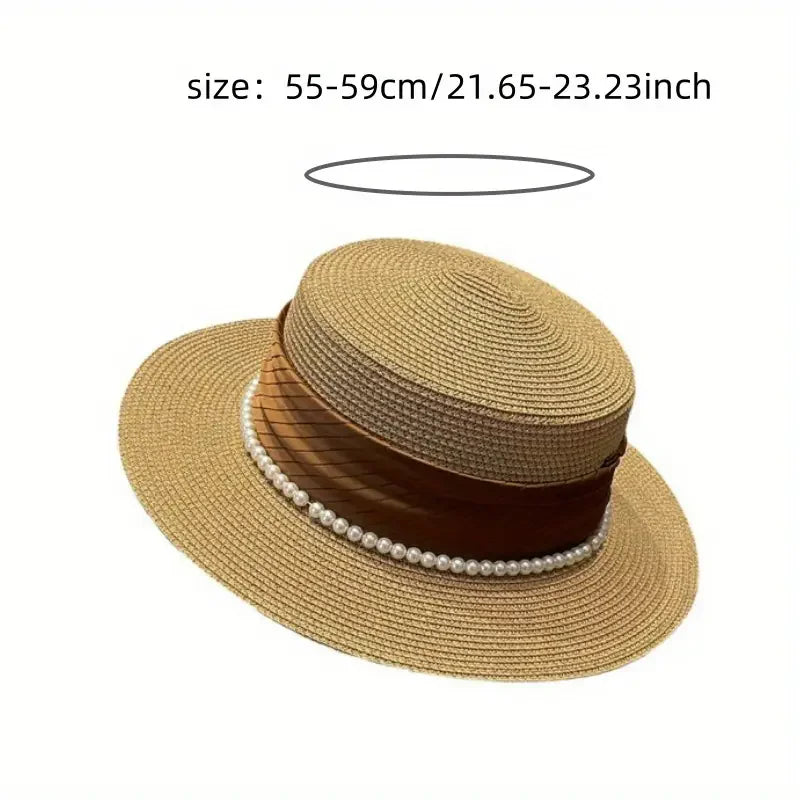 Straw Flat Sun Hat Pearl Chain — Natural Beige | KIMLUD