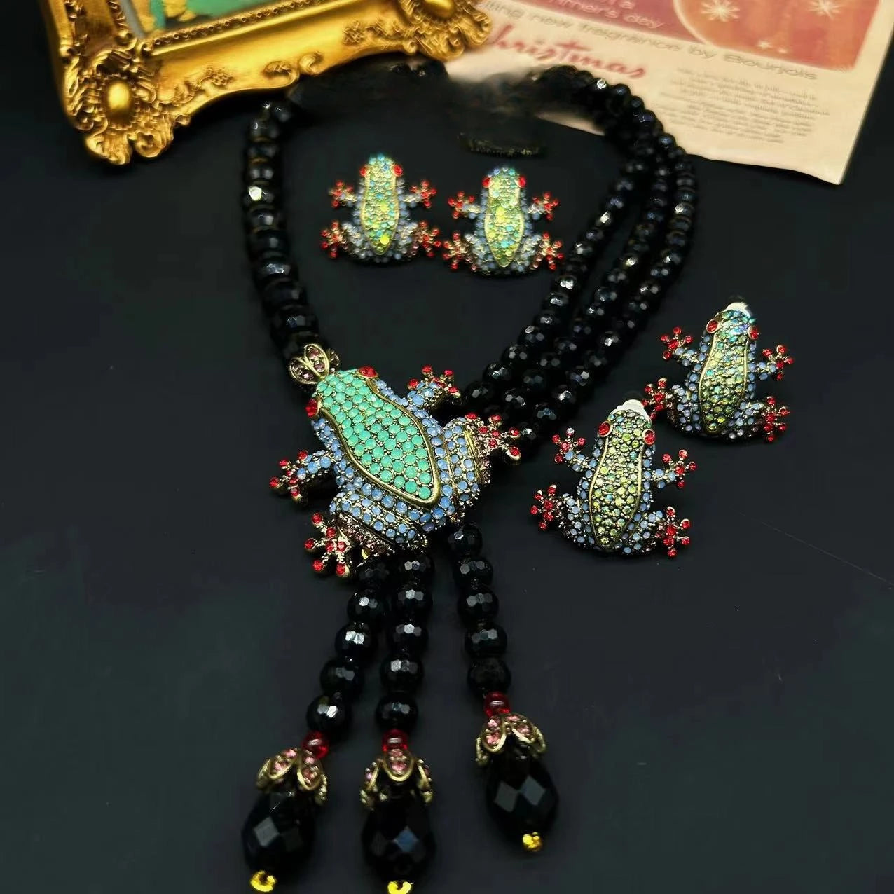 European And American Style Retro Elegant Tassel Inlaid Zircon Frog Shaped Necklace Earring Set Fashionable Women'S Jewelry
