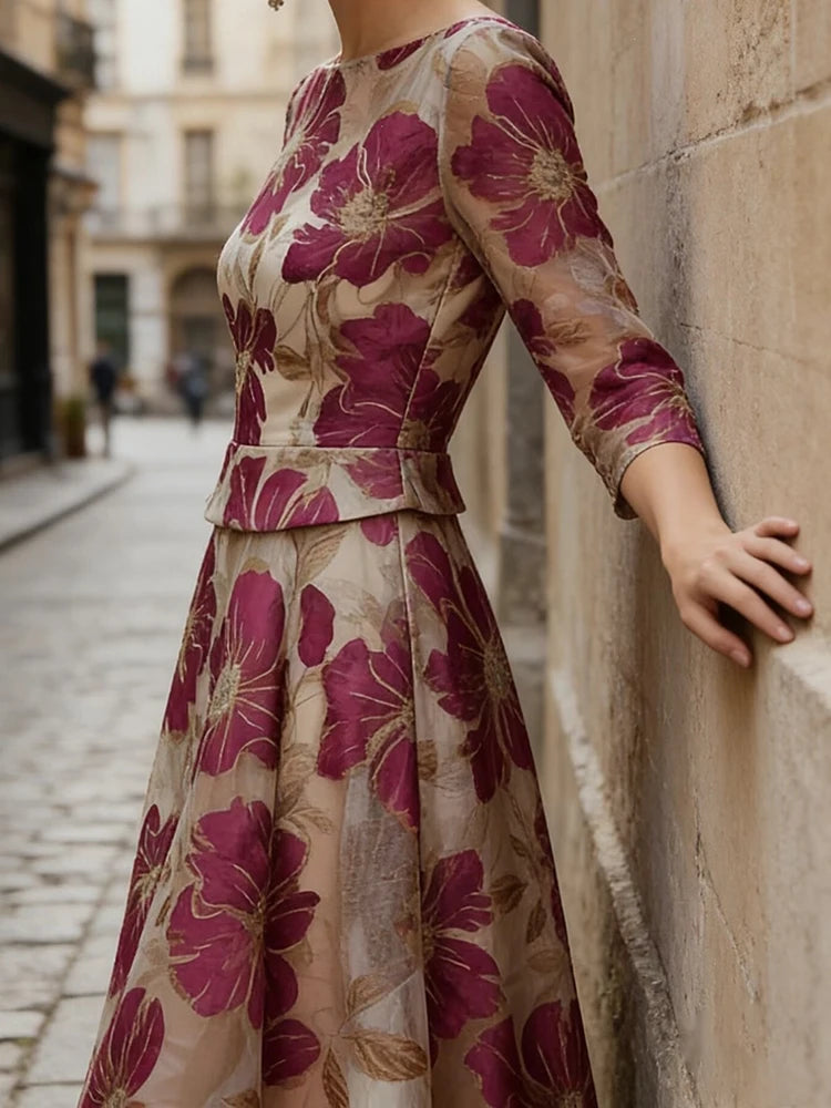 A-Line Maxi Dress – Printed O-Neck Pattern – Polyester | KIMLUD