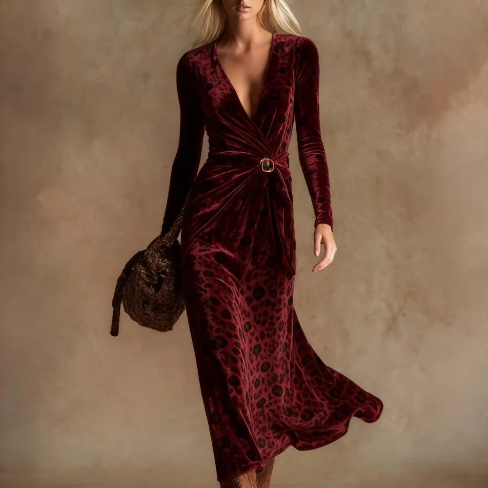 Leopard Print Maxi Dress – Twist Front – Polyester – Leopard | KIMLUD