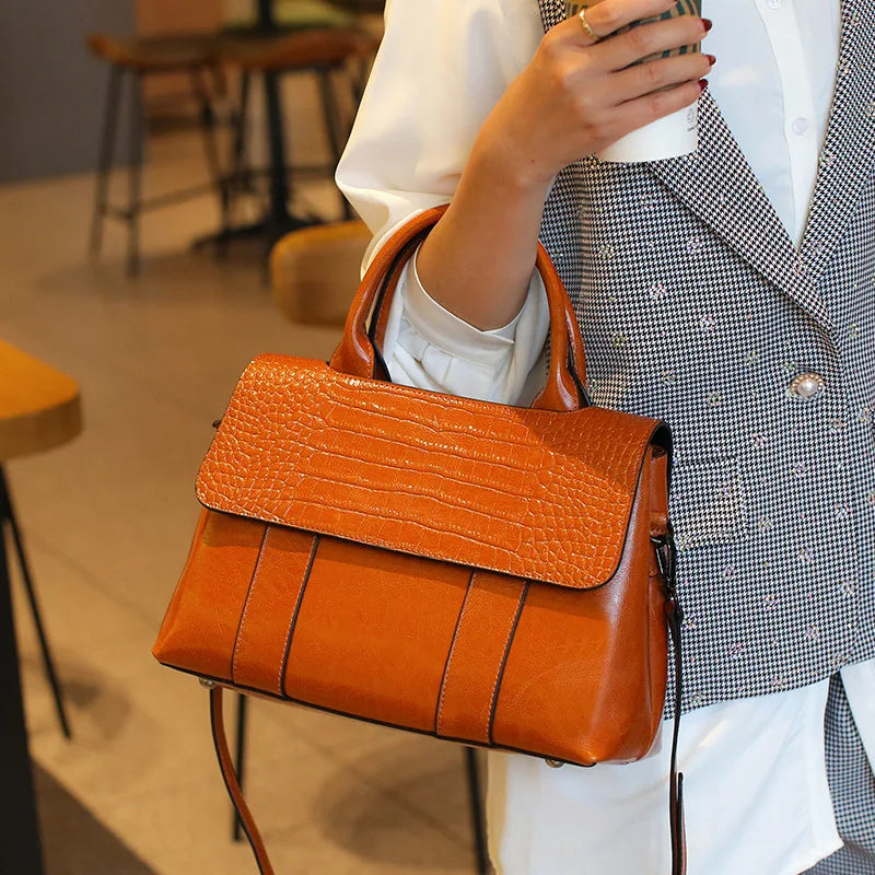 Genuine Leather Shoulder Bag Crocodile-Print — Cognac Brown | KIMLUD