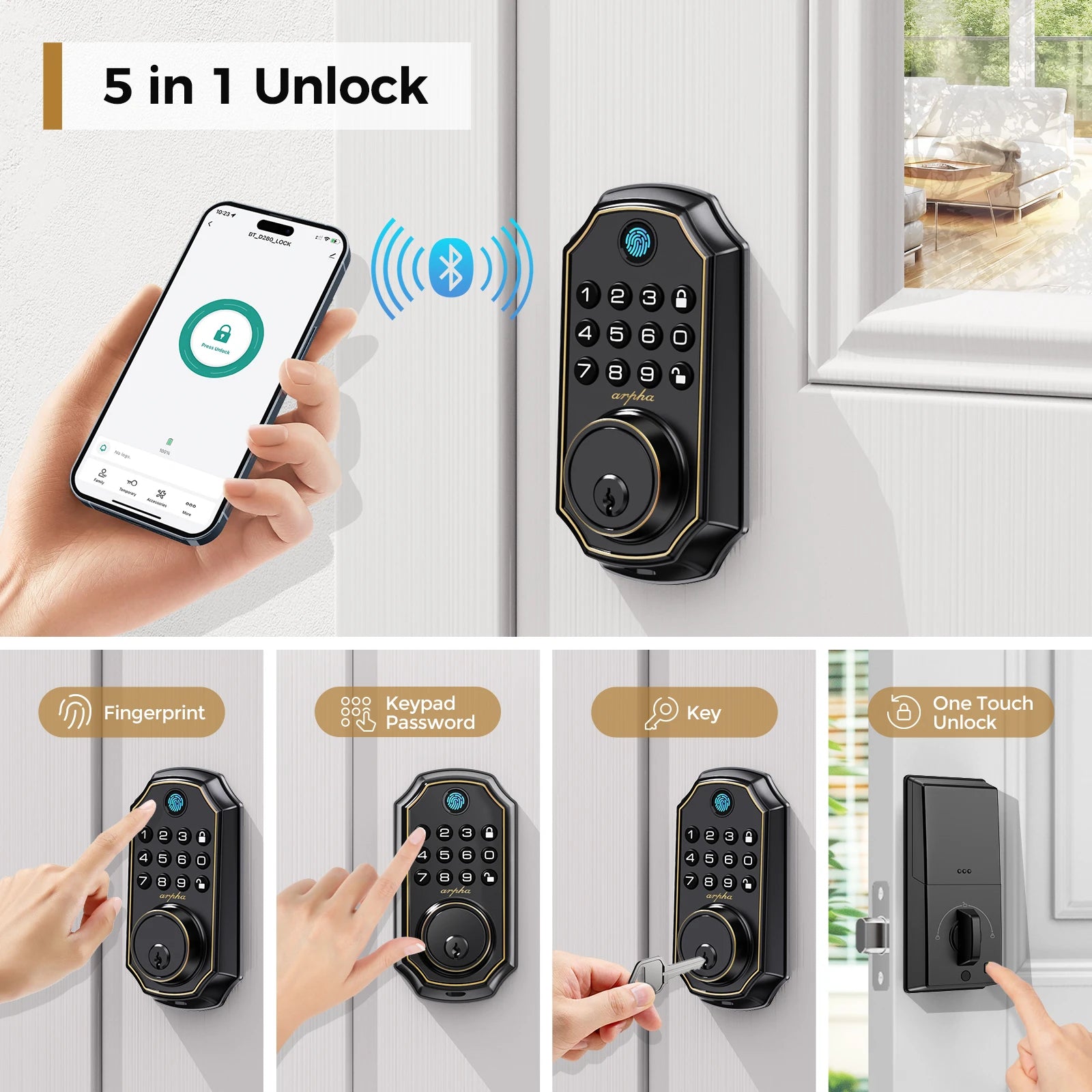 Arpha D280 Keyless Entry Door Lock 5-in-1 Smart Fingerprint Deadbolt with Keypad Electronic Deadbolt Auto-Lock One Touch Lock