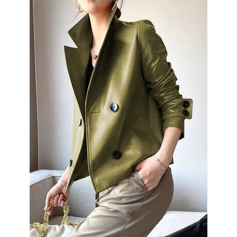 Modigirl Autumn Winter Green Faux Leather Jackets Women 2024 New Outwear Long Sleeves PU Leather Short Coats Outwear for Female