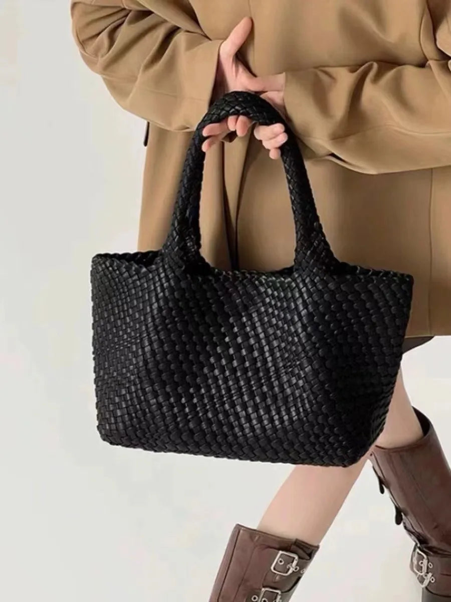 Neoprene Striped Tote Bag Hasp Closure — Black And White | KIMLUD