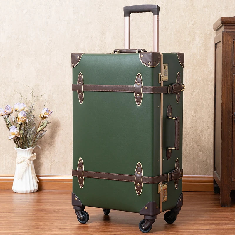 Classic Retro Suitcase 20/24/26inch PP+PC Travel Suitcase Large Capacity Handmade Leather Suitcase Travel Set with Makeup Case
