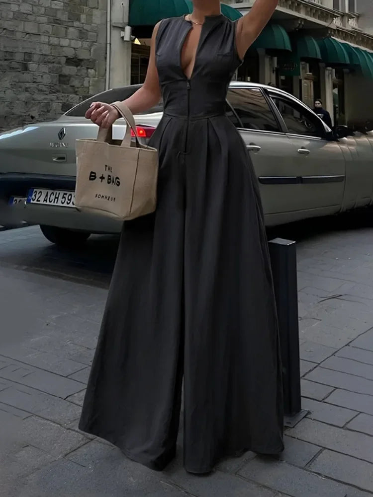 Polished Polyester Jumpsuit Sleeveless High-Waist Wide-Leg Pockets — Mustard | KIMLUD