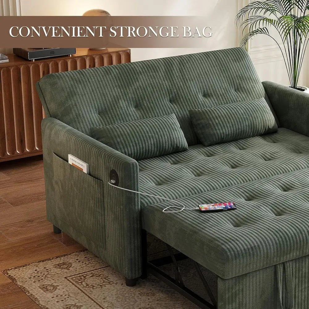 Corduroy Sleeper Sofa With USB Ports And Pull-Out Bed And Hidden Storage — Green | KIMLUD