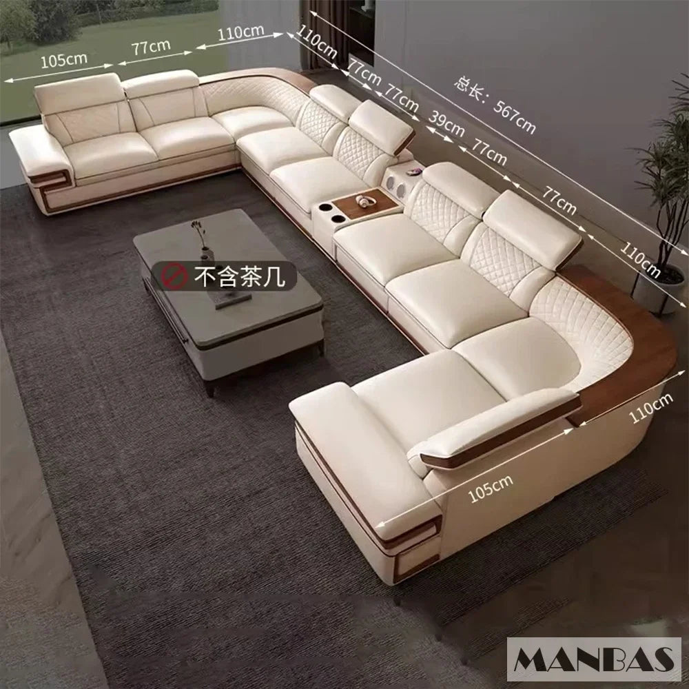 Genuine Italian Leather Sofa Set With Adjustable Headrests — Ivory | KIMLUD