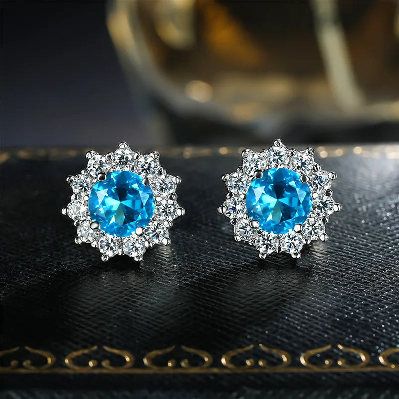 Copper Stud Earrings Round Cubic Zirconia — Water Blue | KIMLUD