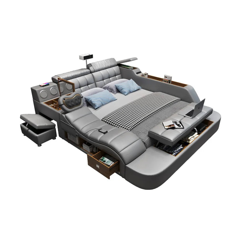 Multi functional intelligent massage tatami leather bed master bedroom double 2m bed wedding bed modern minimalist projector