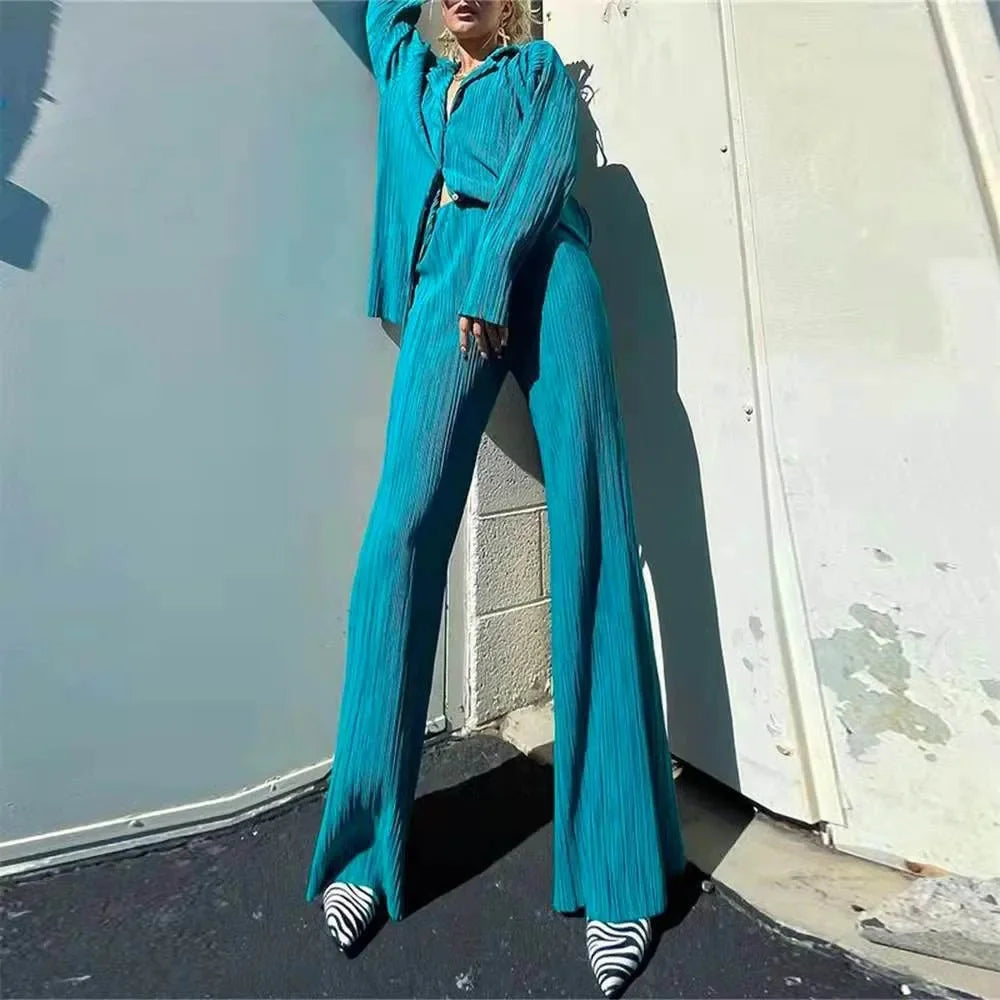 KIMLUD, 2023 Spring Summer Best Seller Solid Color Draped Loose Fit Smooth Pleated Women's Casual 2-Piece Set Stock Available, KIMLUD Womens Clothes