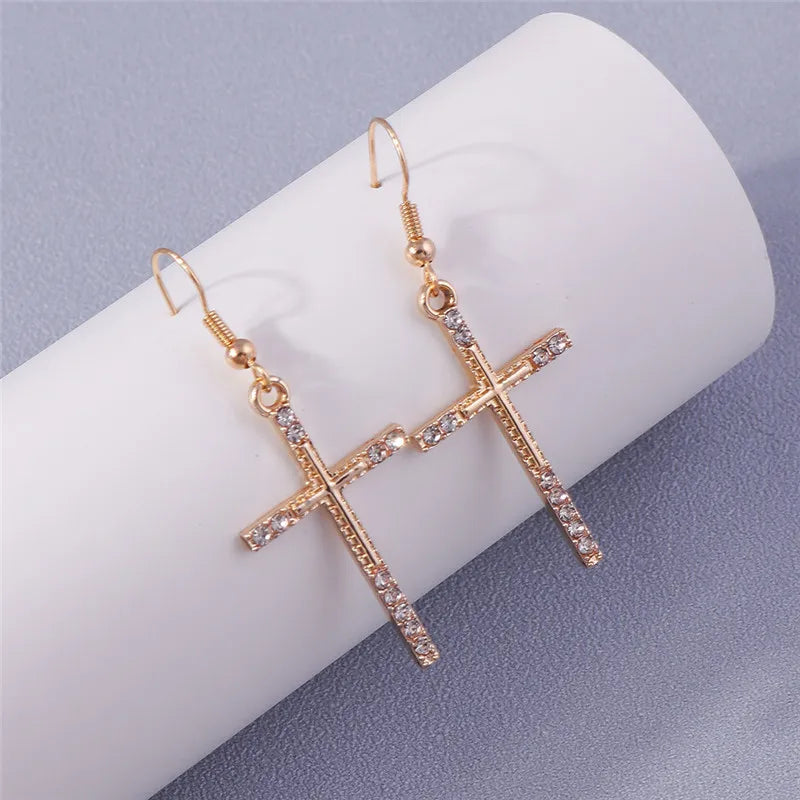 Silver-Tone Cross Earrings Zircon Crystal Dangle — Silver | KIMLUD