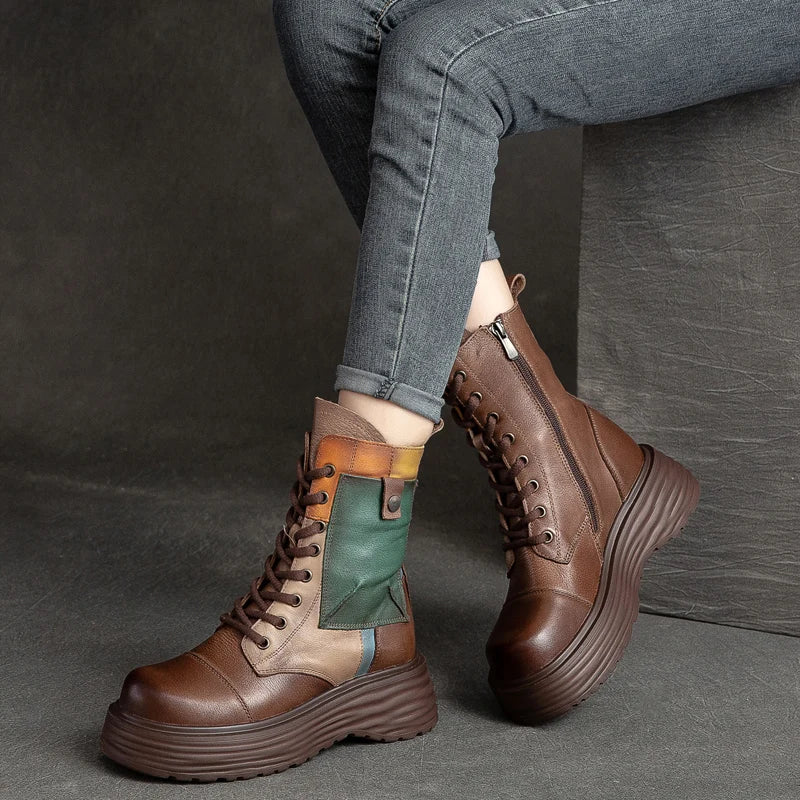 GKTINOO Handmade Boots Women Genuine Leather Round Toe Lace-up Zipper Platform Thick-soled Mid-calf Boots Retro Zapatos Mujer