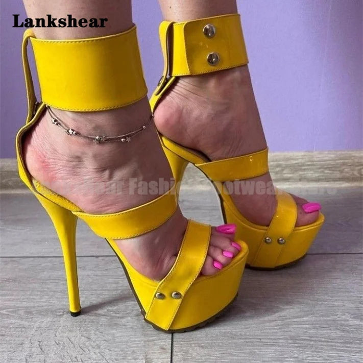 Platform Yellow Patent Leather Women Sandals Sexy Luxury High Heels Summer Designer Women Shoes Elegant Chic Sandalias De Mujer