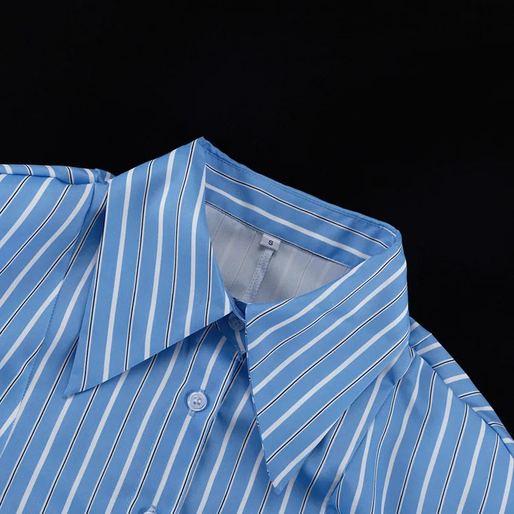 Polyester Striped Blouse Pointed Collar Long Sleeve — Blue Pinstripe | KIMLUD