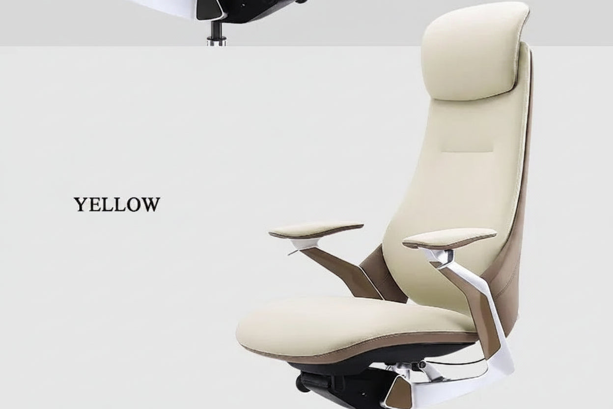 A high-back office chair in a light cream or yellowish-beige color with brown side panels and white arm supports, shown on a light gray background with the text 'YELLOW' and Chinese characters indicating the color.