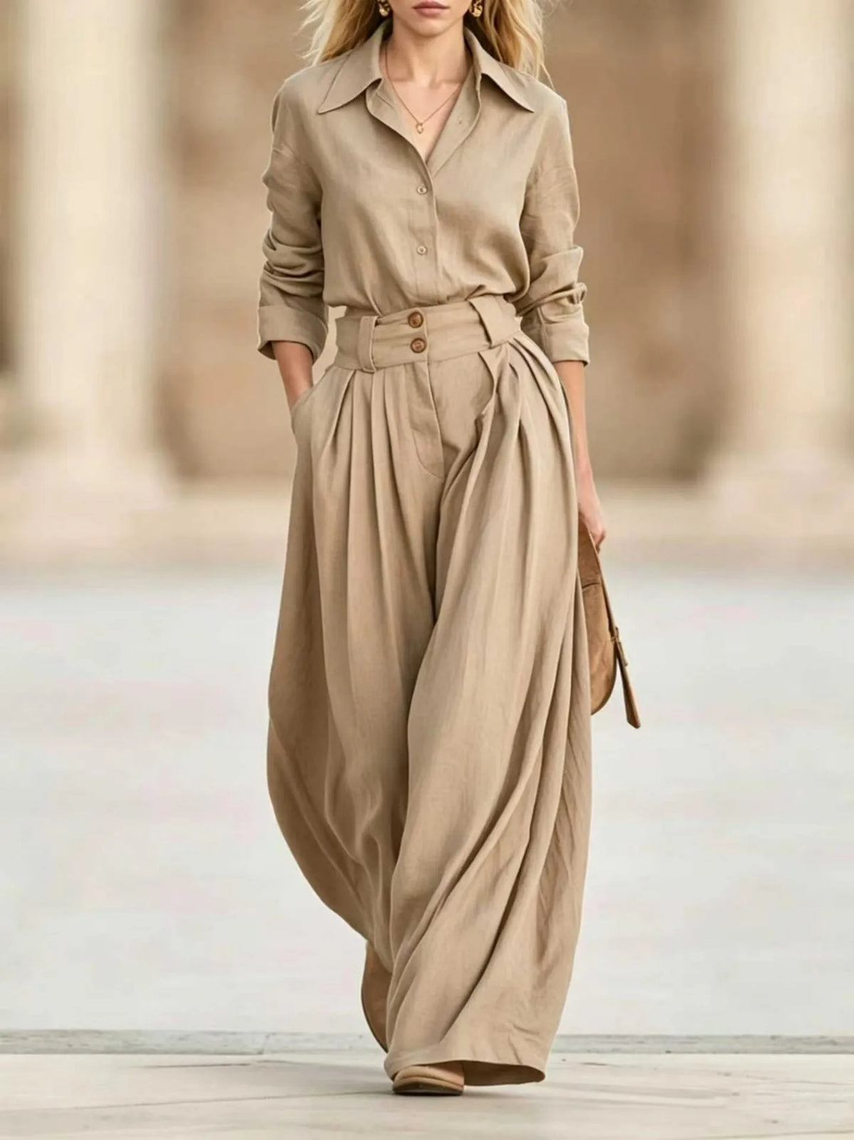 Two Piece Set – Lapel Shirt and Pleated Wide Leg Pants – Loose | KIMLUD