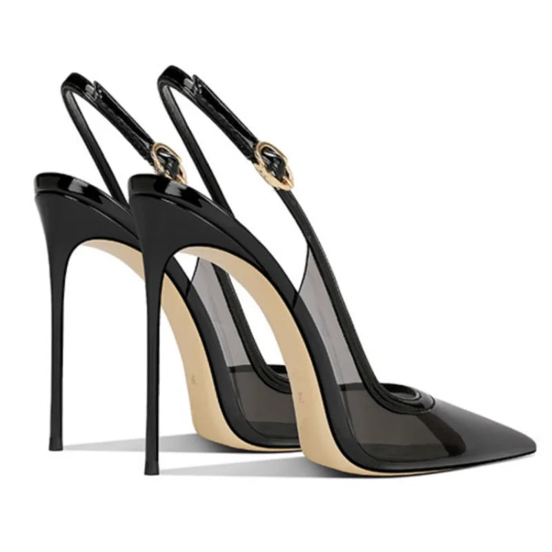 Patent Leather Stone Pattern Slingback Stiletto Heels — Brown | KIMLUD