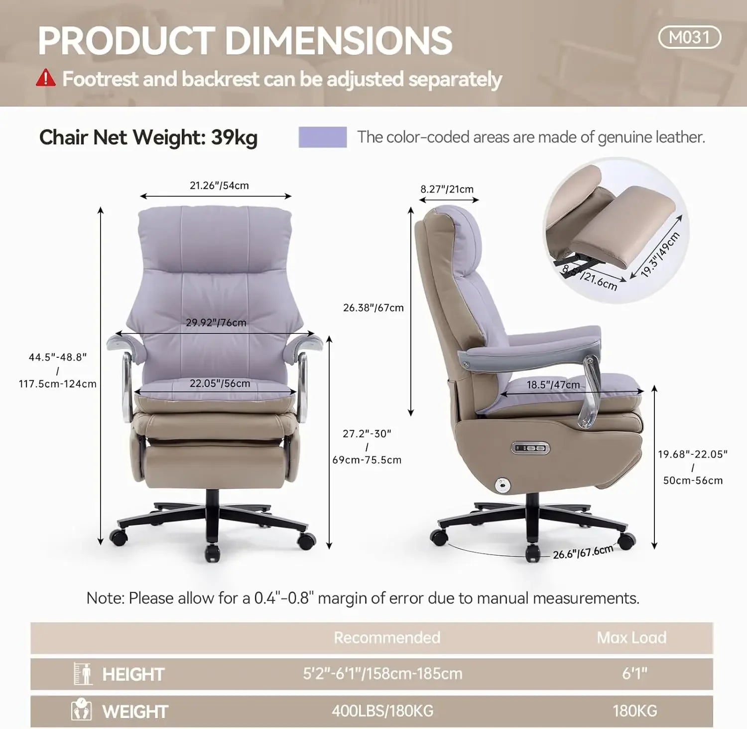 Genuine Leather Executive Office Chair Dual-Motor With Foot Rest — Taupe | KIMLUD