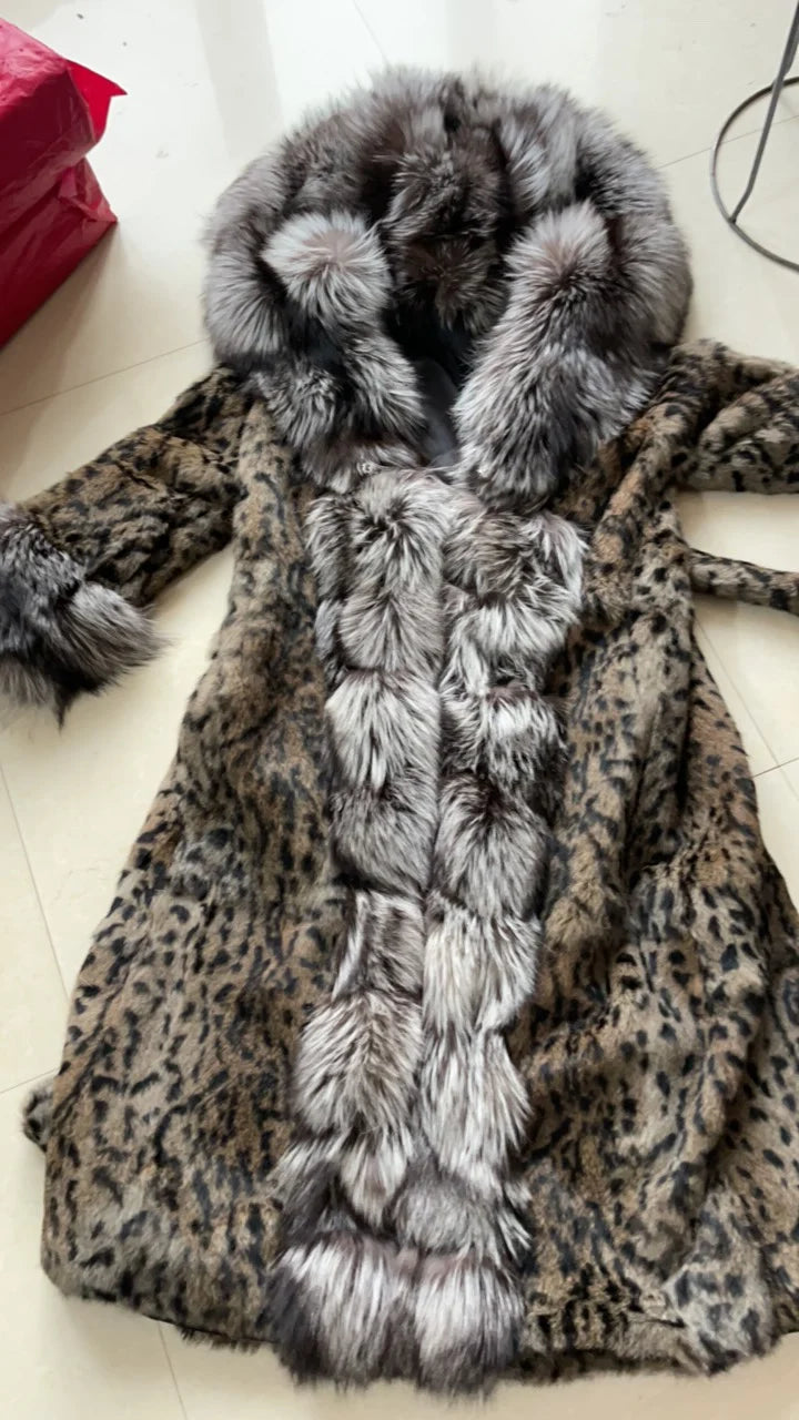 120cm Length Women's Genuine Rabbit Fur Coat Fox Fur Hooded Long Jacket Luxury Overcoats