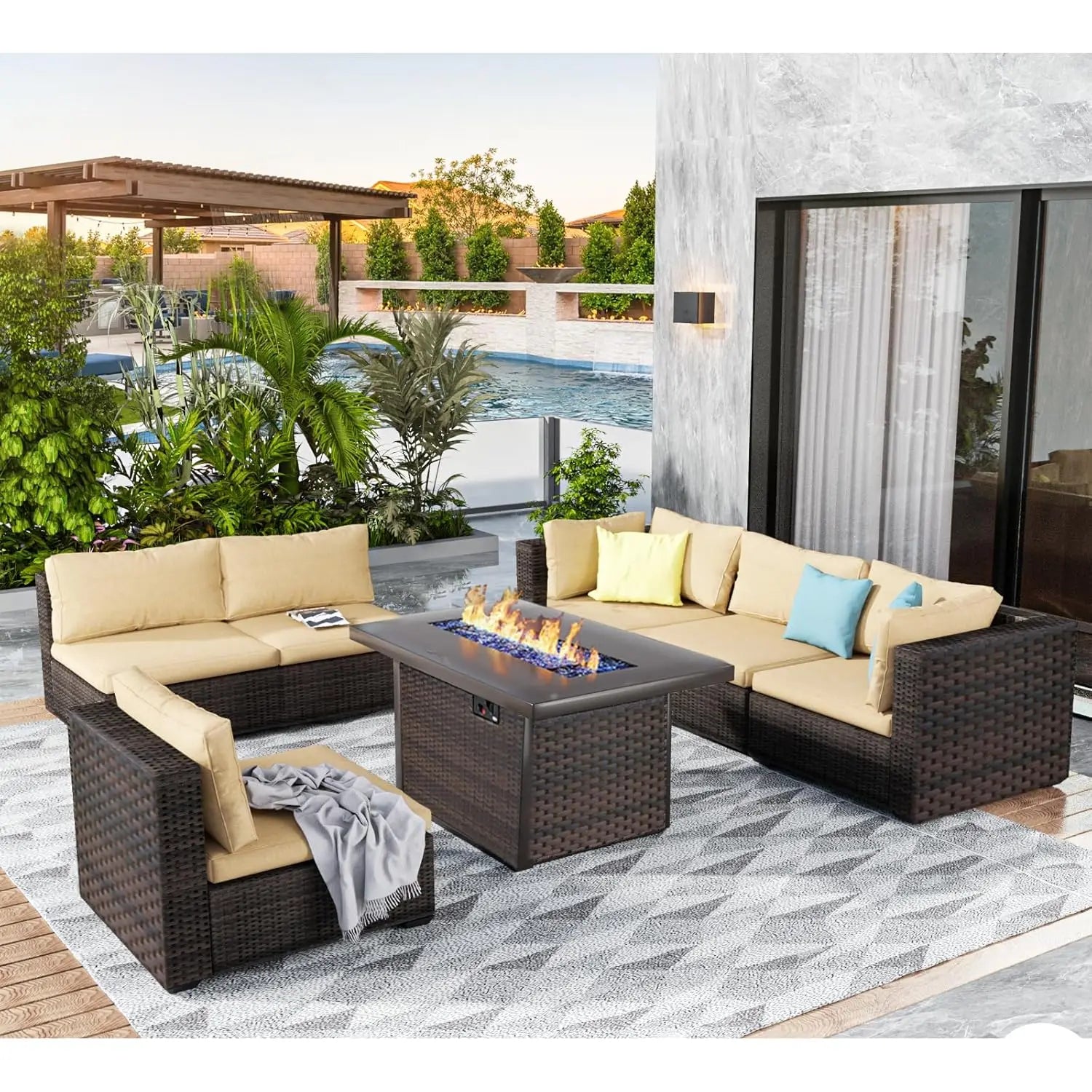 7 Pieces Outdoor Sectional Patio Furniture Set with Fire Pit Table PE Rattan Wicker Patio Sectional Conversation, Customized