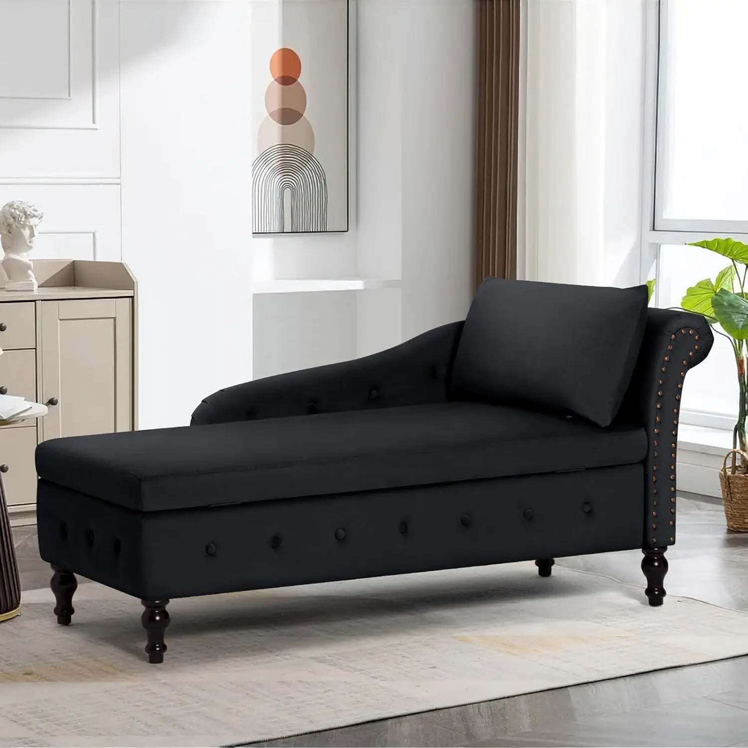 Velvet Chaise Lounge with Left Armrest & Storage Space,Button Tufted Lounge Chair w/Lumbar Pillow,Modern Upholstered Lounge Chai