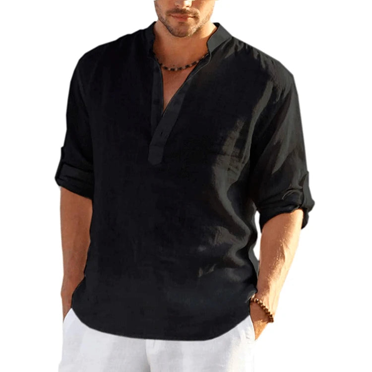 New Men's Linen Long Sleeve T-Shirt Solid Color Loose Casual Shirt Long Sleeve Cotton Linen Shirt - KIMLUD