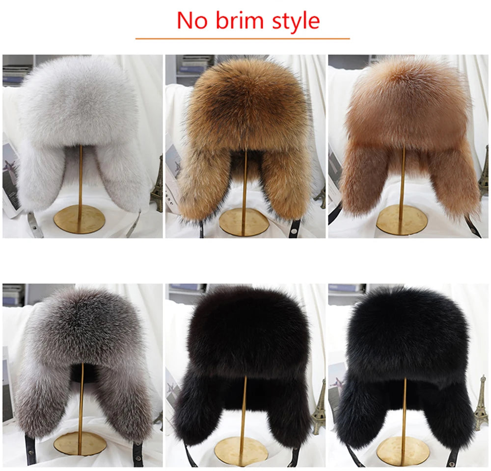 New Winter Men's 100% Real Silver Fox Fur Bomber Hat Raccoon Fur Ushanka Cap Trapper Russian Man Ski Hats Caps Real Leather