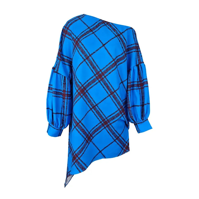 Polyester One Shoulder Dresses Plaid Mini — Multicolor | KIMLUD