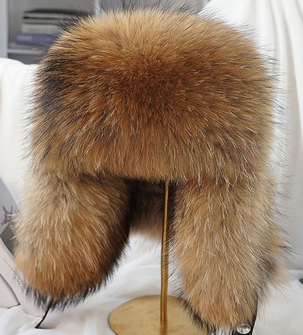 New Winter Men's 100% Real Silver Fox Fur Bomber Hat Raccoon Fur Ushanka Cap Trapper Russian Man Ski Hats Caps Real Leather