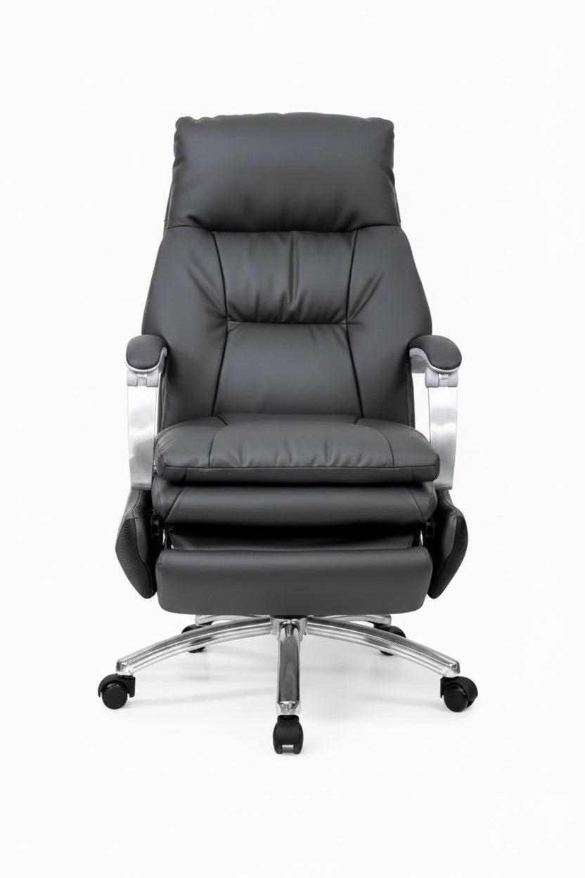 Black leather office chair with dimension annotations showing measurements for width, height, depth, and arm width on a white background.