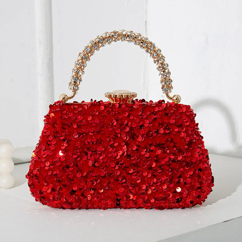 Sequined Evening Handbag Rhinestone Top Handle — Red | KIMLUD