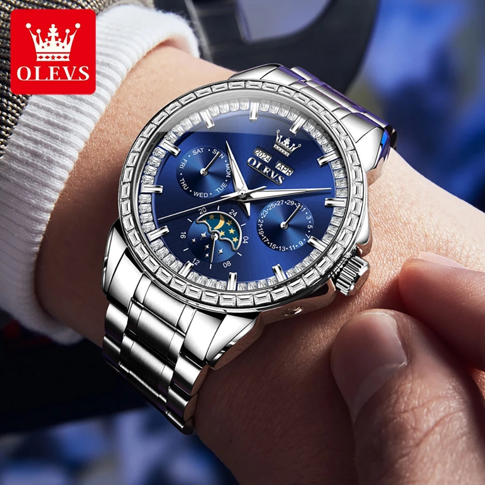 Stainless Steel Moon Phase Watch Luminous Hands — Cobalt Blue | KIMLUD