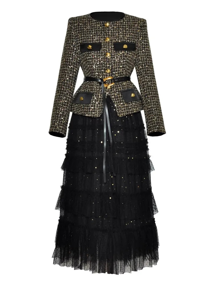 Two-Piece Set – Plaid Jacket And Mesh Ruffle Skirt – O-Neck Long Sleeve | KIMLUD