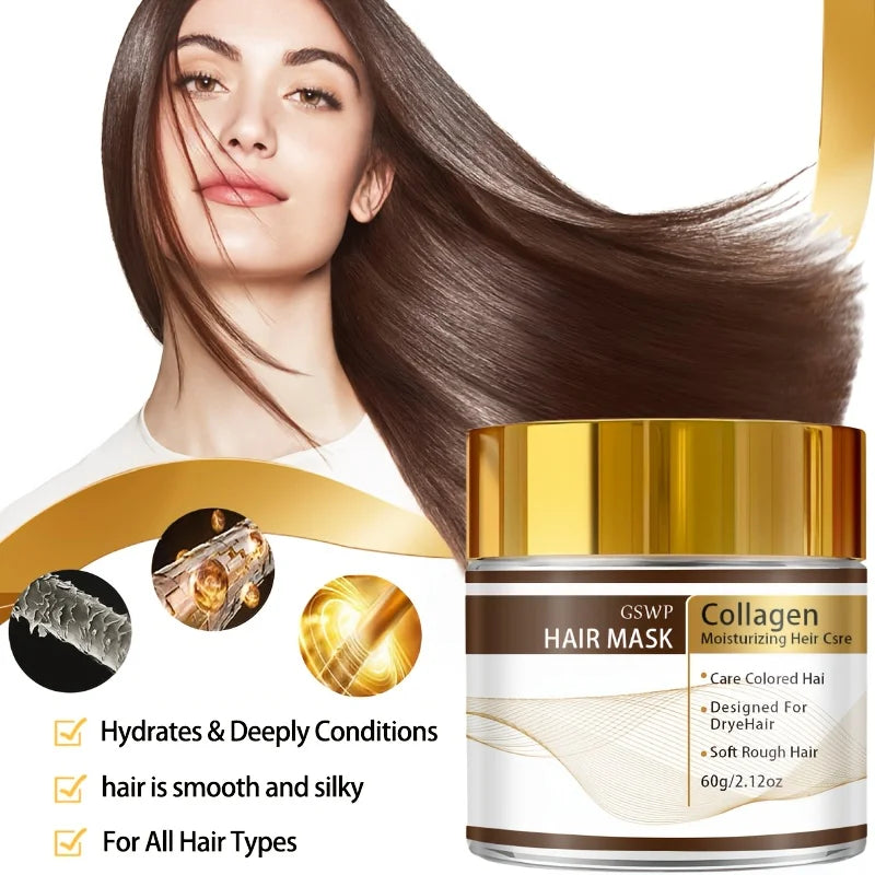 GSWP Moroccan Collagen Hair Mask, containing glycerin, collagen, and biotin, deeply moisturizes, leaves hair smooth. 60/120/180g