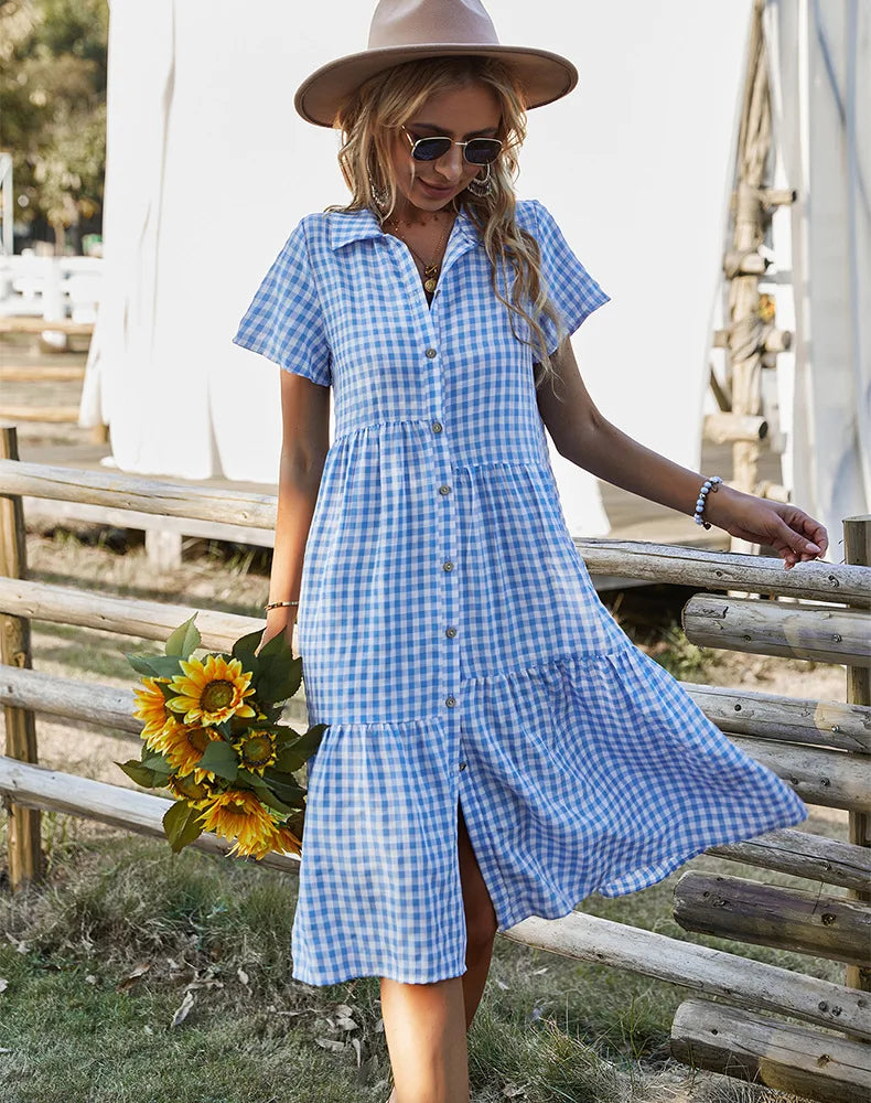 2026 Women's Checkered Short-Sleeve Shirtdress Single-breasted Button-down Short-sleeved Dress Casual Country-style Long Dress