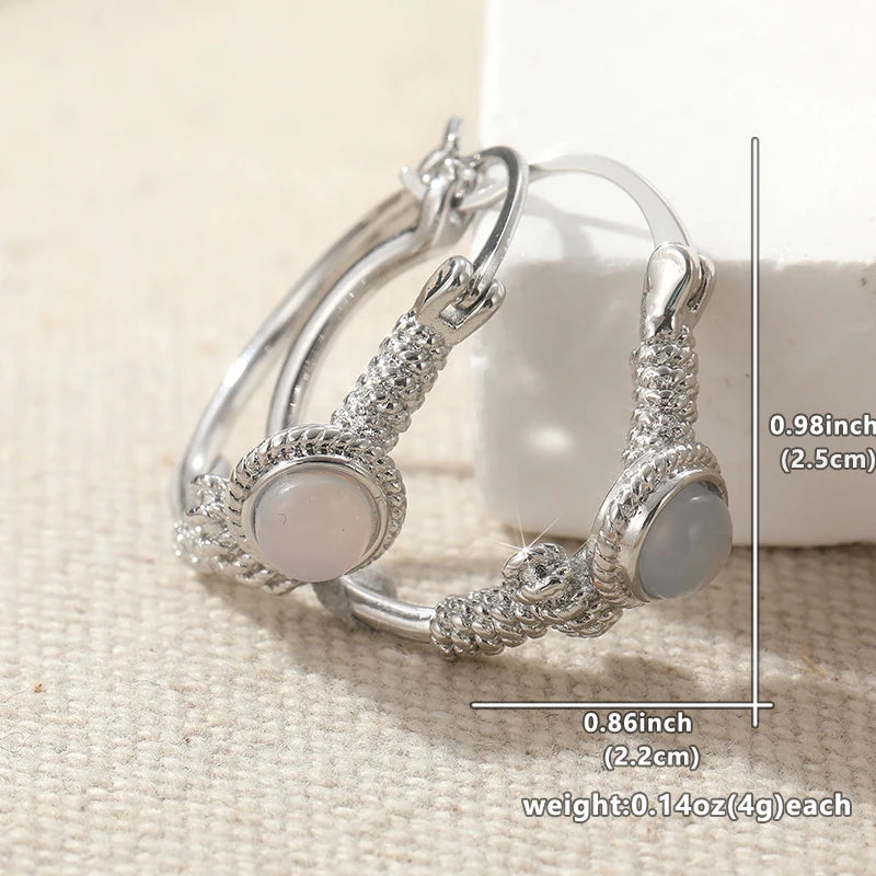 Bohemian Style Vintage Inlaid Synthetic Moonstone Hoop Earrings Women Elegant Silvery Plated Banquet Wedding Jewelry Accessories
