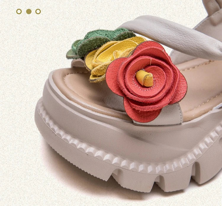 Koznoy 7cm Cow Genuine Leather Platform Wedge Women Summer Flower Slippers Pumps Hook Hollow Mary Jane Sandals Shoes Flats