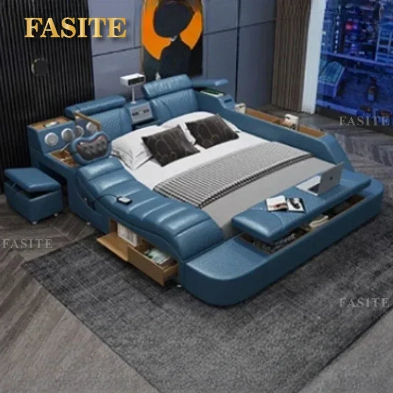 Leather Tatami Multifunction Bed With Projector — Ivory | KIMLUD