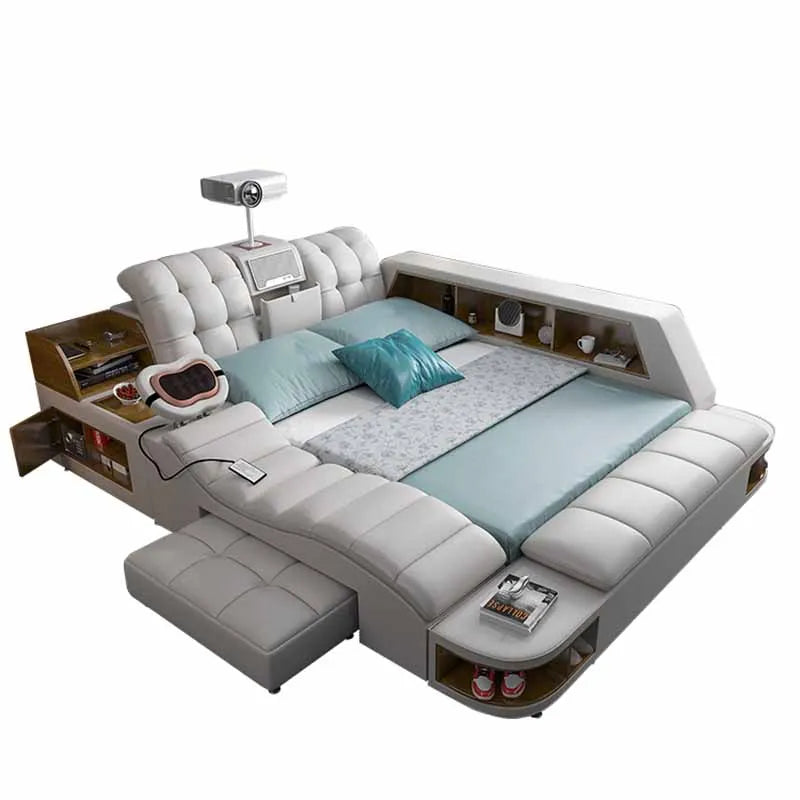 King Simple Double Bed Modern Headrest Storage Sleeping Queen Double Bed Smart Floor Luzko Wielofunkcyjne Furniture For Bedroom