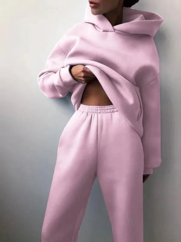 Oversized Tracksuit Set Two Piece Winter Fleece Hoodie and Sweatpants Cozy Warmth — Beige | KIMLUD