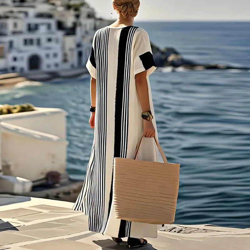 Spring Elegant Crew Neck Holiday Beach Dress Woman Chic Contrast Color Patchwork Long Dress Summer Short Sleeve Split Boho Dress