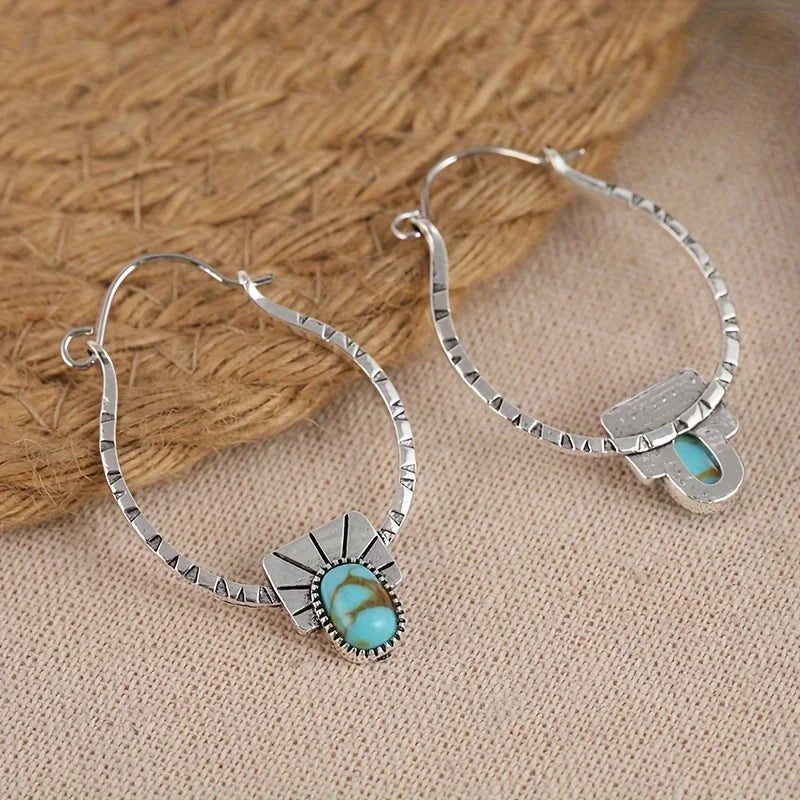 Boho-Chic Hoop Earrings - Silvery Plated, Synthetic Gemstone Inlay, Zinc Alloy - Perfect for Casual Attire & Gifting