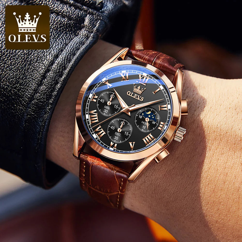 Rose-Gold Chronograph Moon Phase Watch Leather Strap — Black | KIMLUD