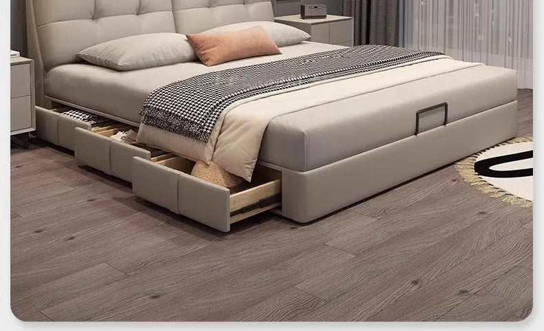 Minimalist Leather Storage Double Bed Modern Frame — Dove Gray | KIMLUD